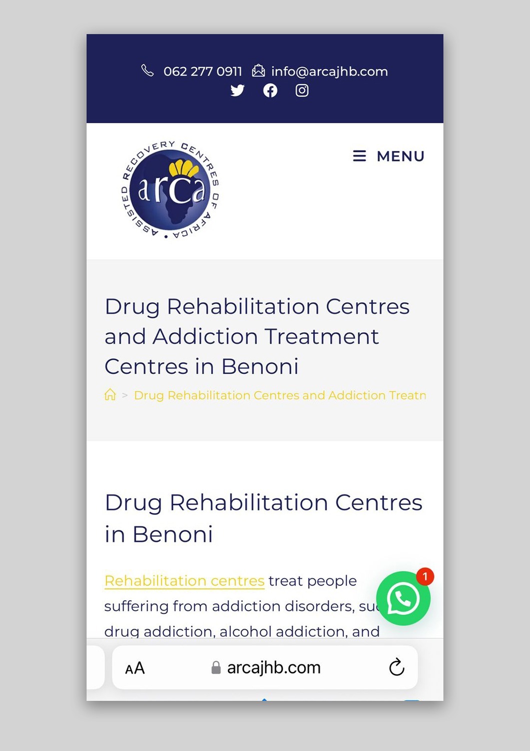 Screenshot of ARCA Johannesburg homepage featuring contact details and introductory information about their services in Benoni.
