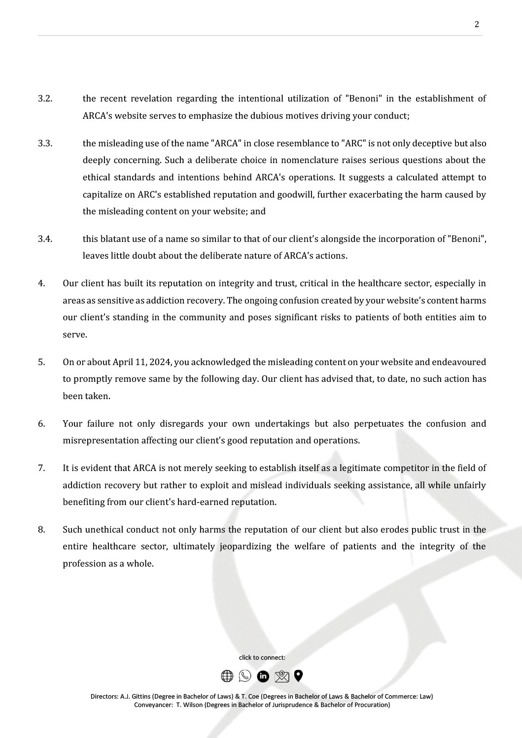 Formal demand letter to ARCA Johannesburg addressing alleged unethical actions.