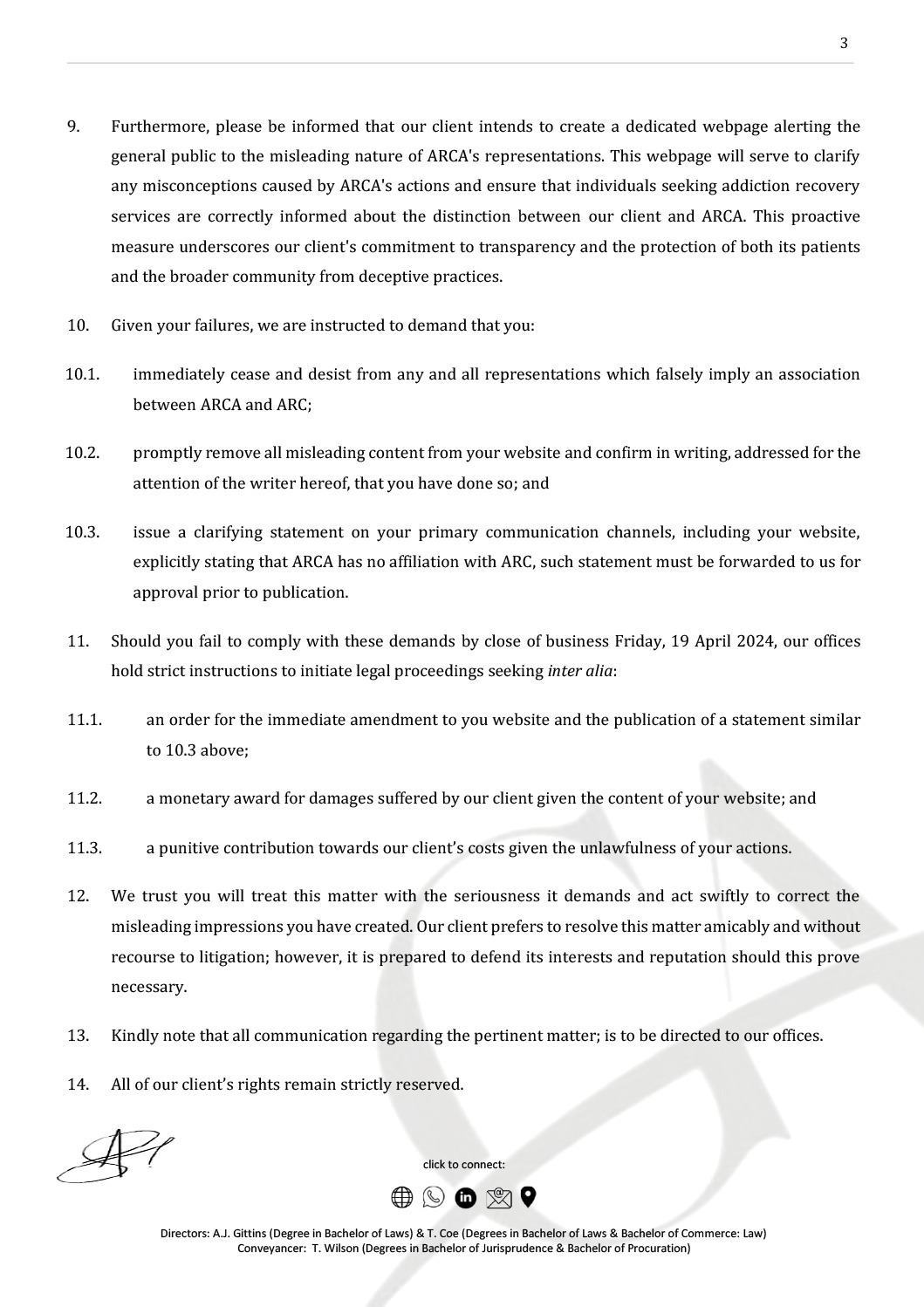 Legal notice highlighting misconduct by ARCA Johannesburg.