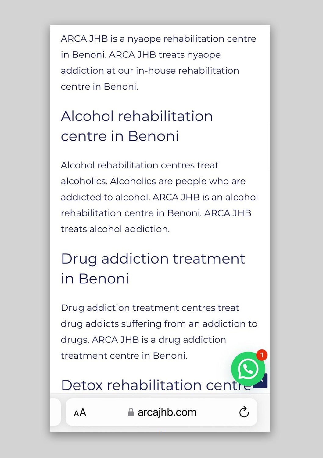 ARCA Johannesburg's detailed service offerings including treatment for nyaope addiction.