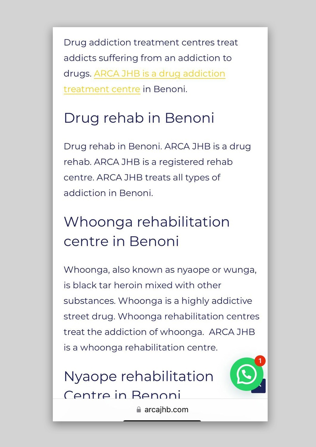 Detailed content from ARCA Johannesburg about their drug and alcohol rehabilitation programs.